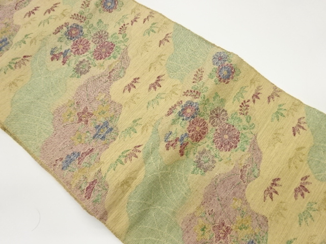 手織り紬秋草に笹模様織出し名古屋帯